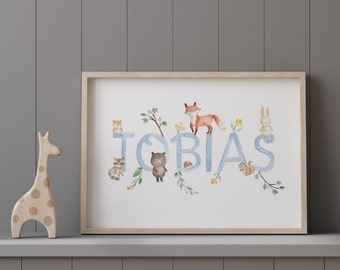 Children's woodland nursery decor, little boys woodland animal prints, little boys name wall art, neutral nursery prints