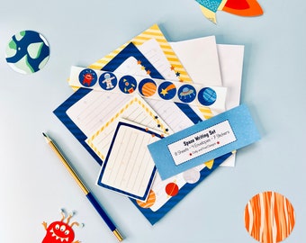 Childrens space letter writing set, stationery set for boys, astronaut notepaper for kids with stickers