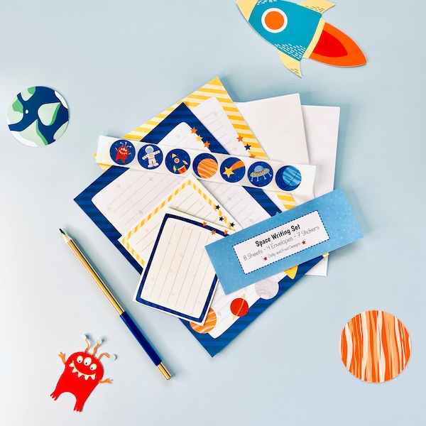 Childrens space letter writing set, stationery set for boys, astronaut notepaper for kids with stickers