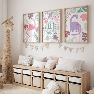 Personalised pink dinosaur print set of 3, purple dinosaur nursery decor, girls toddler bedroom decor, boho wall decor, playroom poster
