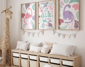 Personalised Dinosaur Nursery Print Set: Pink & Purple Boho Decor