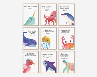 Ocean animal bible verse prints, under the sea nursery decor, Christian bedroom wall art, little boys shark bedroom wall hanging.