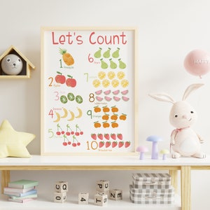 Educational poster for playroom, fruit themed counting print, bright number wall art, learning nursery decor, play kitchen sign image 8