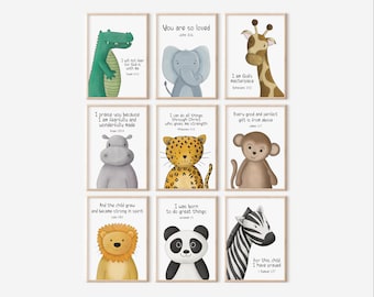 Full set of 9 Jungle animal nursery prints, Childrens Animal Home Decor, Boys Safari Decor, Christian nursery art, Kids Bible Verse Wall Art