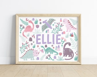 Landscape Dinosaur Name Print Nursery Decor, Little Girls Personalised Pink Dinosaur Wall Art