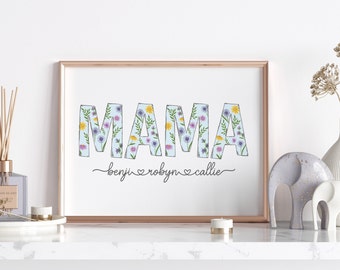 Mama wall art print, mothers day gift, personalised mums birthday present, custom floral gift for nana