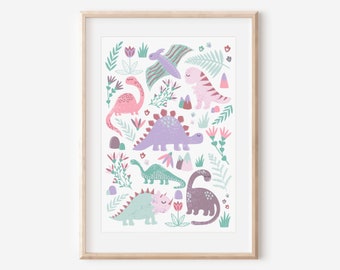 Pink Dinosaur Nursery Print, Girls floral nursery decor, Little girls dino trex wall art, Pastel bedroom picture