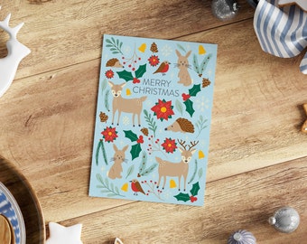 Cute Woodland Christmas Card, A5 festive greetings card, Whimsical reindeer Xmas Holiday card, Festive card multipack