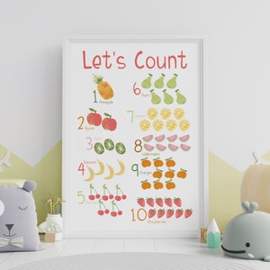 Educational poster for playroom, fruit themed counting print, bright number wall art, learning nursery decor, play kitchen sign image 6