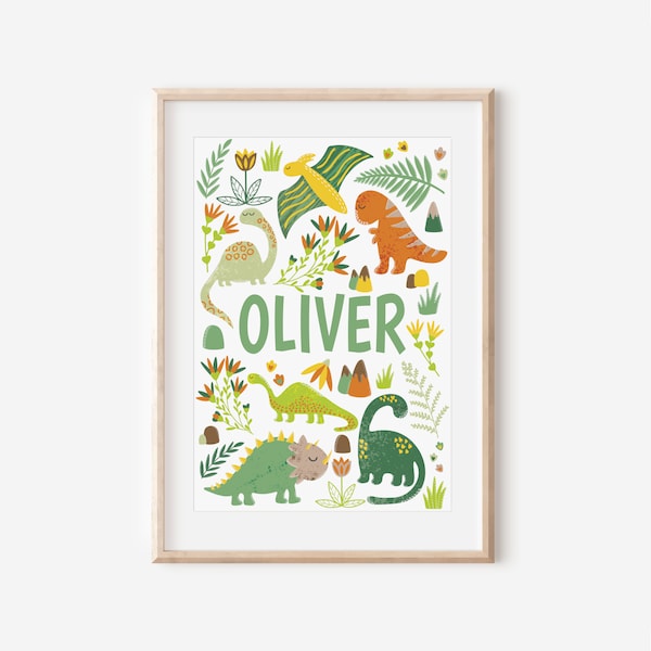 Neutral Dinosaur Name Nursery Print, Personalised nursery decor, Custom kids door sign, Little boys dino trex wall art, baby shower