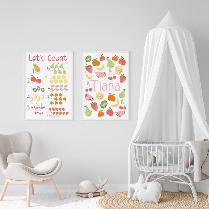 Educational poster for playroom, fruit themed counting print, bright number wall art, learning nursery decor, play kitchen sign image 4