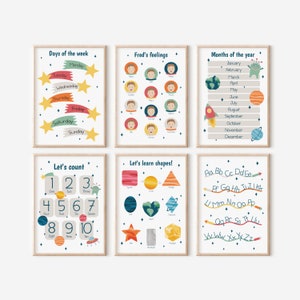 Juego de 6 impresiones educativas, Arte de pared de póster de aprendizaje en el aula, Decoración de sala de juegos espacial, Impresión de sentimientos personalizados