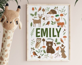 Childrens neutral woodland nursery name print, custom nursery decor for kids, animal themed baby shower gift