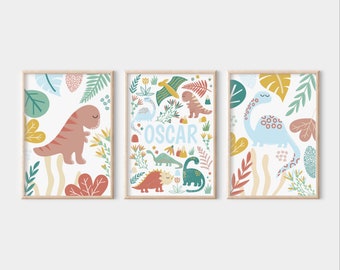 Personalised dinosaur print set, neutral dinosaur nursery decor, cute toddler bedroom decor, boho wall decor, custom playroom poster