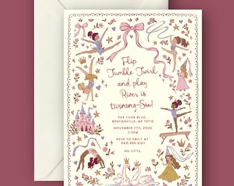 Pink Fairytale Gymnastics Birthday Invitation | Princess Gymnastics Party Invite | Editable Canva Template | Whimsical Storybook Birthday