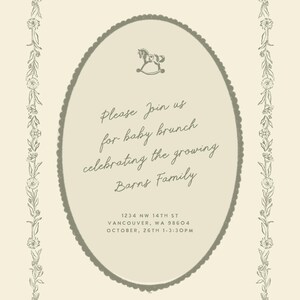May include: An invitation card with a cream background and a decorative floral border. The card features an oval frame with a rocking horse illustration and text inviting guests to a baby brunch for the Barns Family.