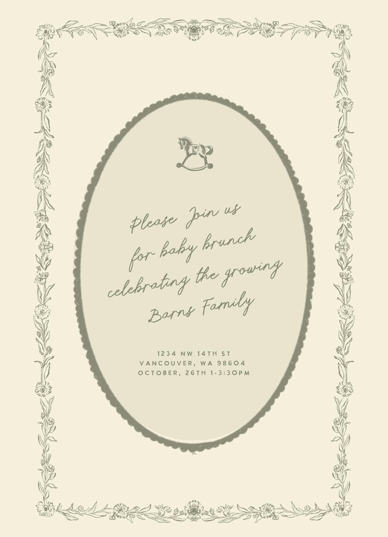 May include: An invitation card with a cream background and a decorative floral border. The card features an oval frame with a rocking horse illustration and text inviting guests to a baby brunch for the Barns Family.