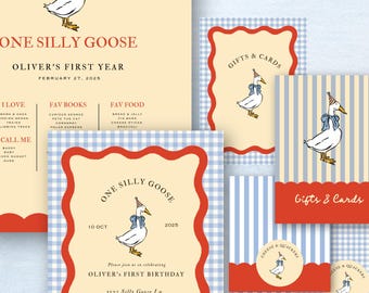 May include: A set of printable party invitations and tags featuring a cartoon goose wearing a party hat and bow tie. The invitations are decorated with a blue and white gingham pattern and red and white polka dots. The text on the invitations reads "One Silly Goose, Oliver's First Year, February 27, 2025". The tags read "Thank You!" and "Gifts & Cards".