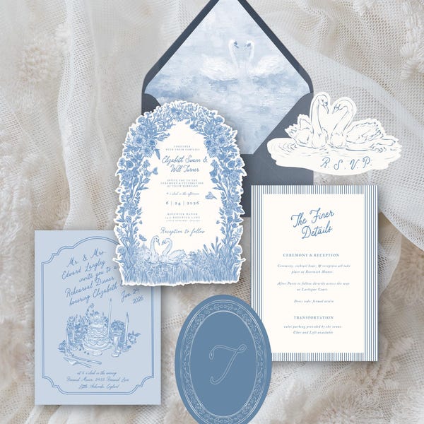 Conjunto de convites de casamento Wedgewood Blue Swan | Modelo romântico para Canva inspirado em uma propriedade rural inglesa (Download digital)