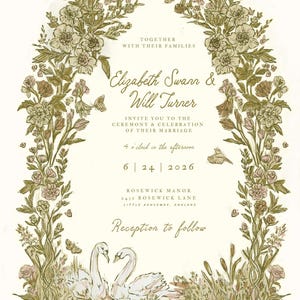 May include: Wedding invitation with floral arch and swan illustration. The invitation includes the names Elizabeth Swann & Will Turner, date, time, and location: Rosewick Manor, Little Ashcombe, England.