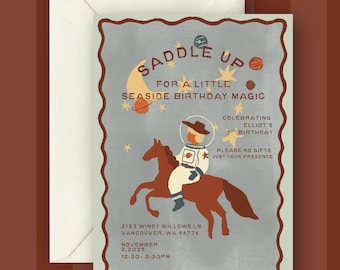 Cosmic Cowboy Birthday Invitation | Space Cowboy Birthday Party | Astronaut Horse Western Birthday Invite | Editable Canva Template