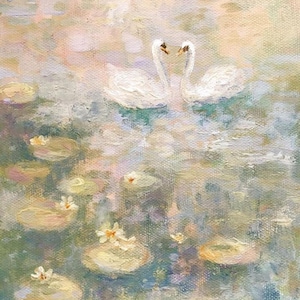 May include: An impressionistic painting of a serene pond scene. Two white swans face each other, their necks forming a heart shape. Lily pads with small white flowers float on the water, painted in soft pastel colors.
