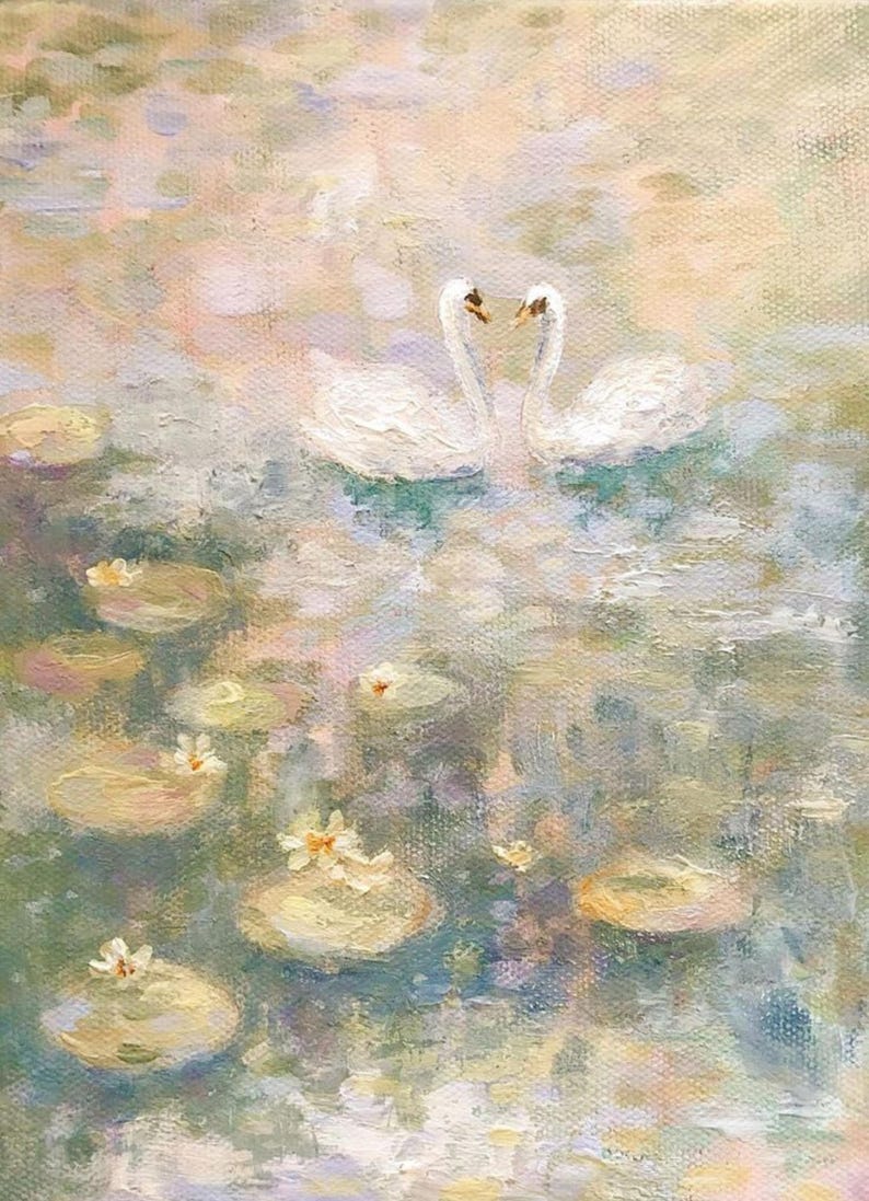 May include: An impressionistic painting of a serene pond scene. Two white swans face each other, their necks forming a heart shape. Lily pads with small white flowers float on the water, painted in soft pastel colors.