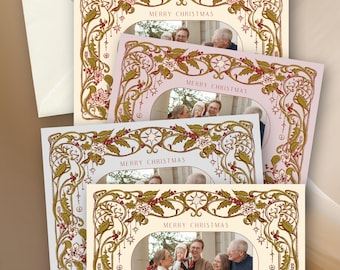 Whimsical Art Nouveau Christmas Card Template | Vintage Family Photo Holiday Card | Editable Canva Christmas Card | Hand Illustrated