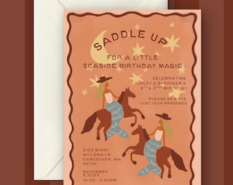 Saddle and Sea Birthday Invitation | Coastal Cowgirl Birthday Invite | Mermaid & Horse Birthday Party | Western Under the Sea Canva Template