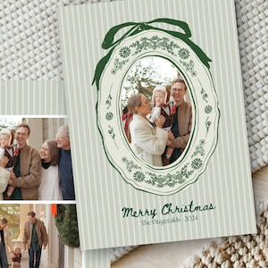 Hand Drawn coquette bow frame Christmas Card | Digital Template | Personalized Family Picture Frame