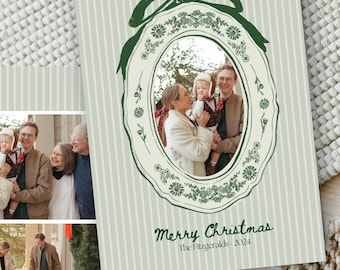 Hand Drawn coquette bow frame Christmas Card | Digital Template | Personalized Family Picture Frame