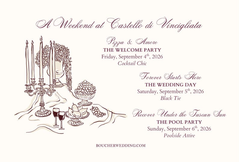 May include: Elegant invitation with the text "A Weekend at Castello di Vincigliata." The design includes illustrations of candles, flowers, and a table setting. Details for the welcome party, wedding day, and pool party are listed.