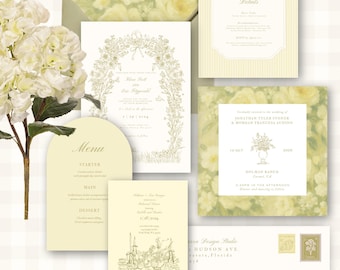 Puede incluir: Un conjunto de papelería de boda en tonos crema y verde. El conjunto incluye invitaciones, tarjetas de confirmación, menús y sobres, todos con diseños florales y tipografía elegante. El tema general es clásico y romántico.
