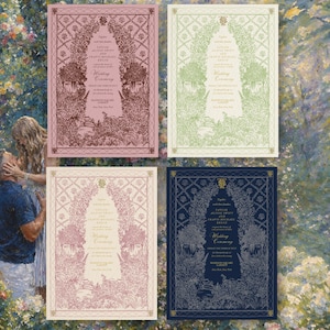 May include: Four rectangular wedding invitation cards featuring intricate botanical borders and central text. The cards are displayed in four color variations: dark red on pink, green on cream, light pink on cream, and white on a dark blue background.