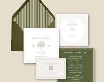 Classic Minimalist Olive Stripe Wedding Invitation Suite | Green Wedding Canva Template | Elegant Neutral Wedding Invite Set