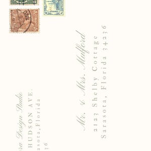 May include: A cream-colored postcard with three vintage postage stamps and handwritten addresses. The stamps are green, blue, and brown. The text includes "Cierra Design Studio" and "Mr. & Mrs. Mulford" with addresses in Sarasota, Florida.