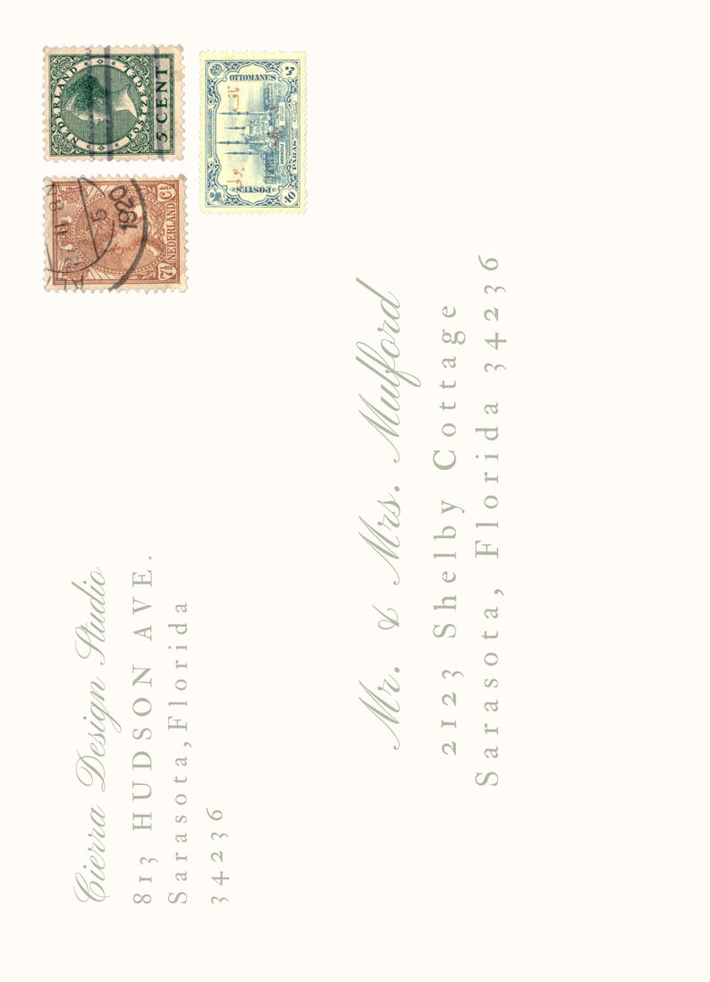 May include: A cream-colored postcard with three vintage postage stamps and handwritten addresses. The stamps are green, blue, and brown. The text includes "Cierra Design Studio" and "Mr. & Mrs. Mulford" with addresses in Sarasota, Florida.