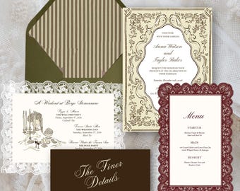 May include: Wedding stationery set featuring an invitation, menu, and details card. The invitation has a floral design and the names "Anna Watson and Tayler Baker". The menu is framed with a burgundy lace design. The envelope has a striped interior.