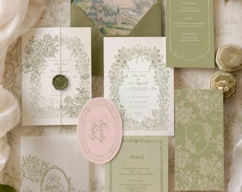 Sage Chateau Garden Wedding Invitation Suite | Vintage Floral French Country Canva Template, Romantic Estate Wedding Invite