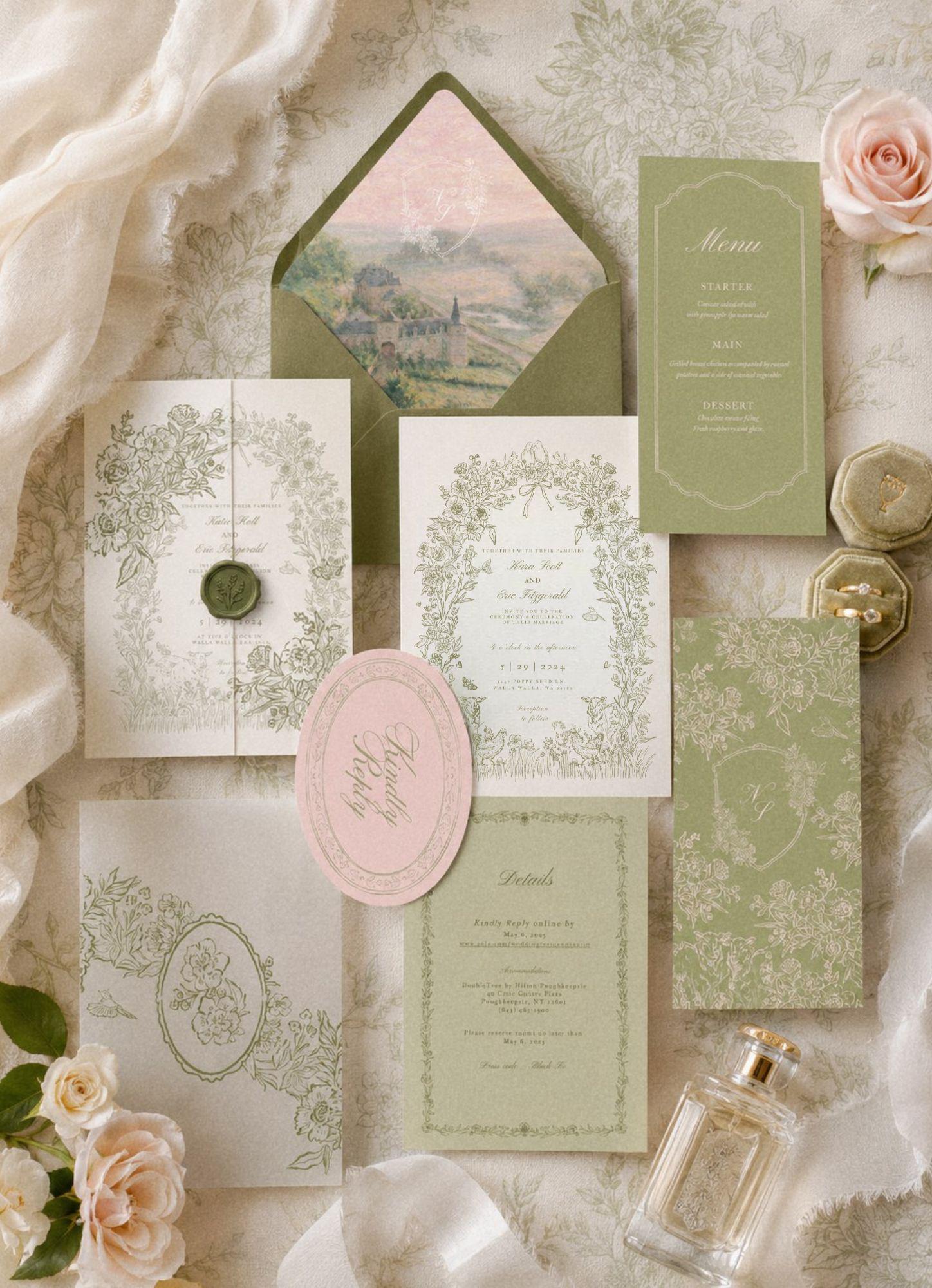 Sage Chateau Garden Wedding Invitation Suite | Vintage Floral