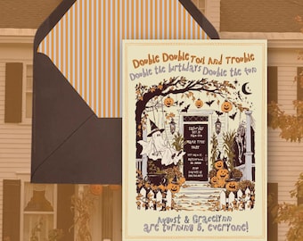 Halloween Birthday Invitation Canva Template, 5x7 Editable Invite, Double Birthday Party, Vintage 90s Halloween, Costume Party