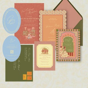 May include: A collection of wedding invitations and stationery in various shapes and sizes. The designs feature ornate borders, floral patterns, and illustrations. Colors include coral, peach, green, and blue. Some cards have text, including names and event details.