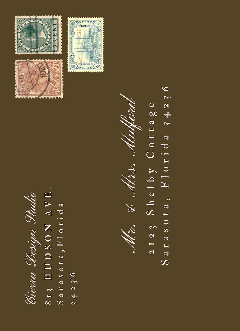 May include: A brown envelope with three vintage postage stamps and an address written in white cursive. The address reads "Mr. & Mrs. Mulford, 2123 Shelby Cottage, Sarasota, Florida 34236".
