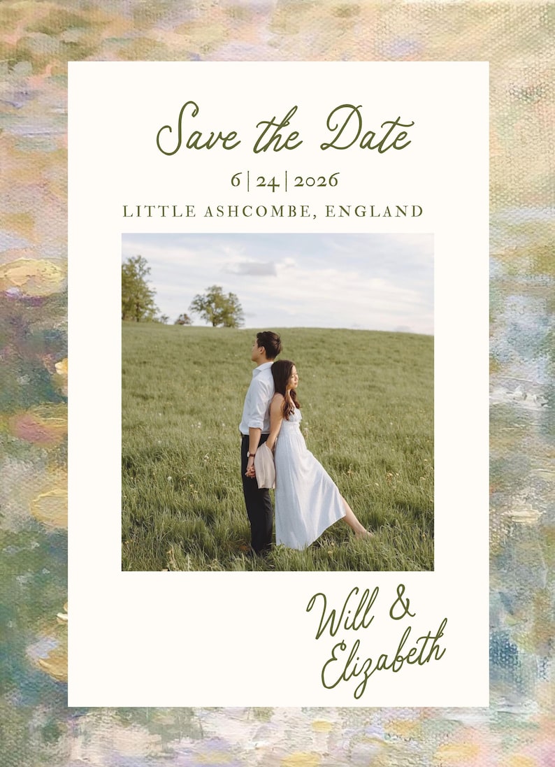 May include: Save the Date wedding announcement with a photo of a couple standing in a field. The text includes the date, location, and names Will & Elizabeth. The background has an abstract painted design.