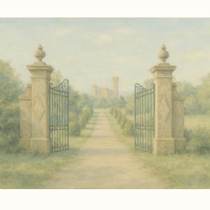 May include: A pair of ornate iron gates open to reveal a path leading to a stone building in the distance. The gates are flanked by stone pillars with decorative finials. The scene is painted in soft, muted tones, creating a sense of tranquility.