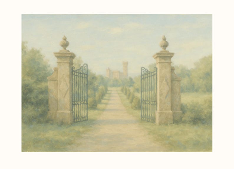 May include: A pair of ornate iron gates open to reveal a path leading to a stone building in the distance. The gates are flanked by stone pillars with decorative finials. The scene is painted in soft, muted tones, creating a sense of tranquility.