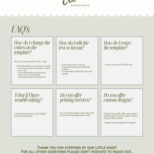 May include: A digital design studio's FAQ sheet with a light green background and white text boxes. The top features the studio's logo in a script font. Questions include color changes, text editing, resizing, and custom design inquiries.