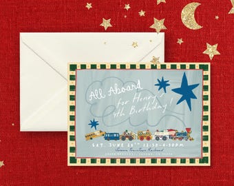 Whimsical Hand-Sketched Transportation Birthday Invitation | Train & Truck Birthday Party Invite | Editable Boys 4th Birthday Canva Template