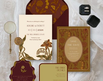 Autumn Art Nouveau Wedding Invitation Suite | Moody Fall Floral Wedding Suite | Golden Marigold Botanical Template | Editable Canva Template