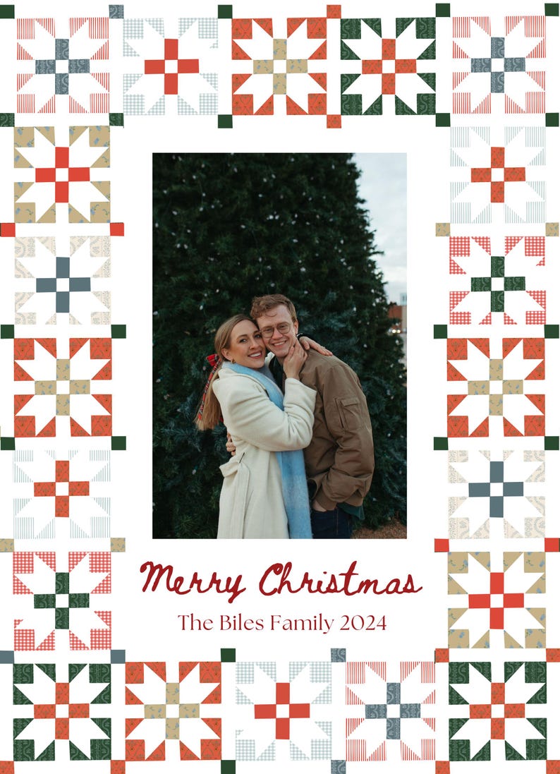 Hand Drawn Quilted Christmas Card Digital Template Personalized Family